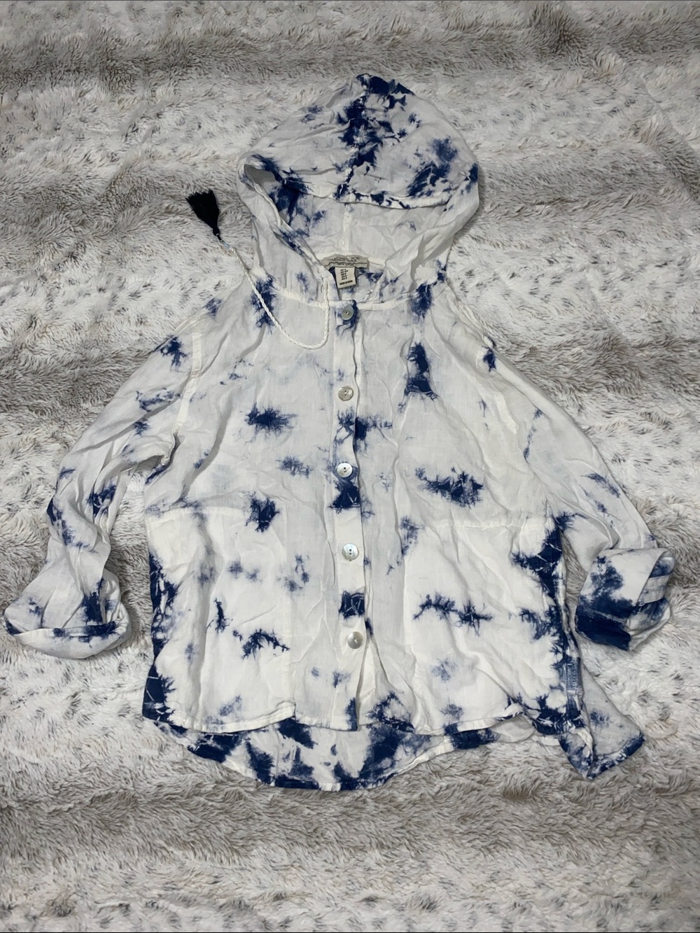Rachel Zoe White & Navy Tie-Dye Hooded Button-Down Shirt